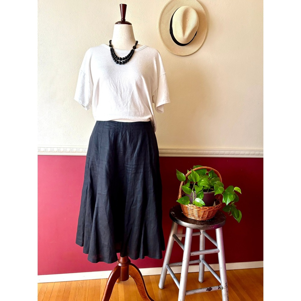 Lauren Ralph Lauren Black Flared Linen Midi Skirt 14W Cotton Lined Whimsigoth